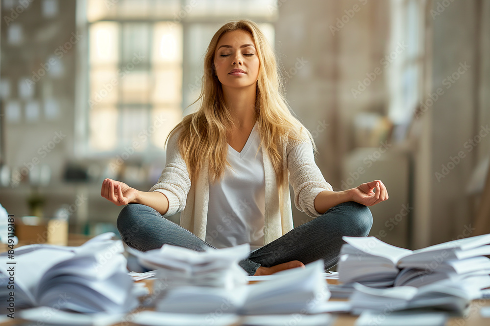 A woman is sitting on the floor surrounded by piles of papers A woman is sitting on the floor surrounded by piles of papers