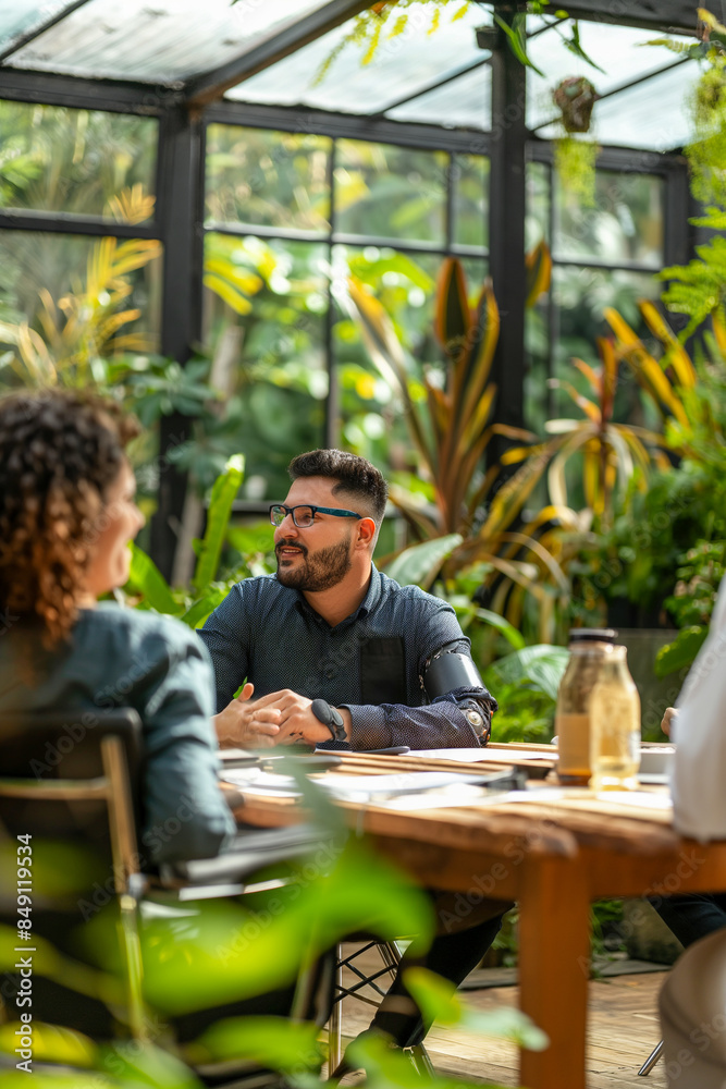 A man and a woman are sitting at a table in a greenhouse A man and a woman are sitting at a table in a greenhouse