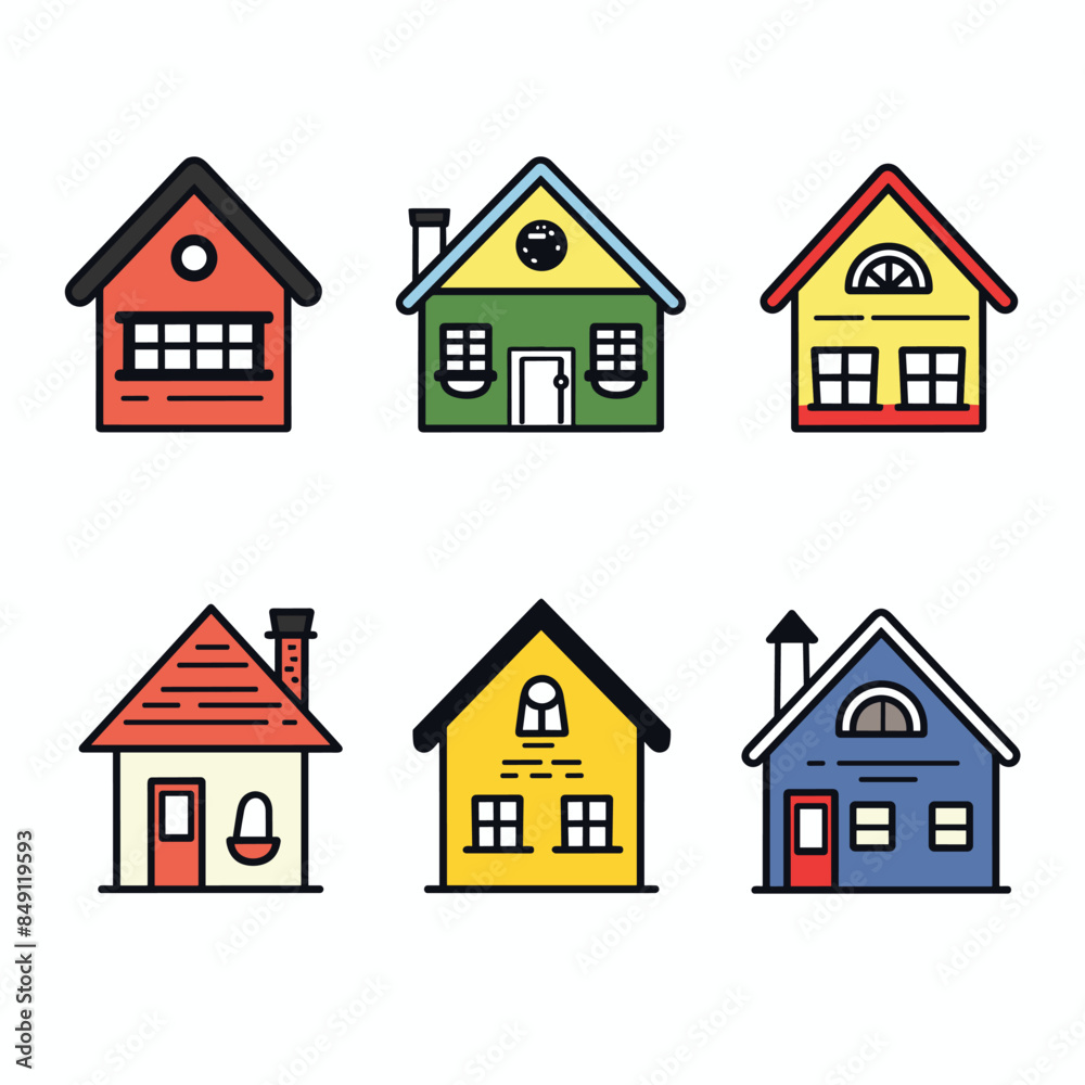 Set colorful cartoon houses, architecture styles differ. Simple line art, vibrant colors, roofs windows variations, house unique, traditional home concept, flat design Set colorful cartoon houses, architecture styles differ. Simple line art, vibrant colors, roofs windows variations, house unique, traditional home concept, flat design