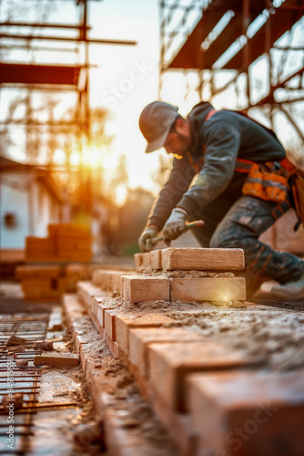 A man is laying bricks on a wall