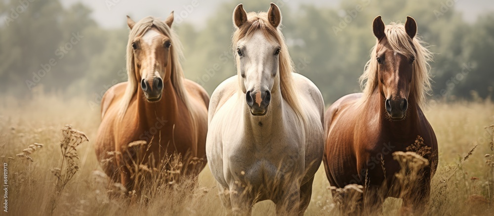 Three horses graze in the meadow Three beautiful horses. Creative banner. Copyspace image Three horses graze in the meadow Three beautiful horses. Creative banner. Copyspace image
