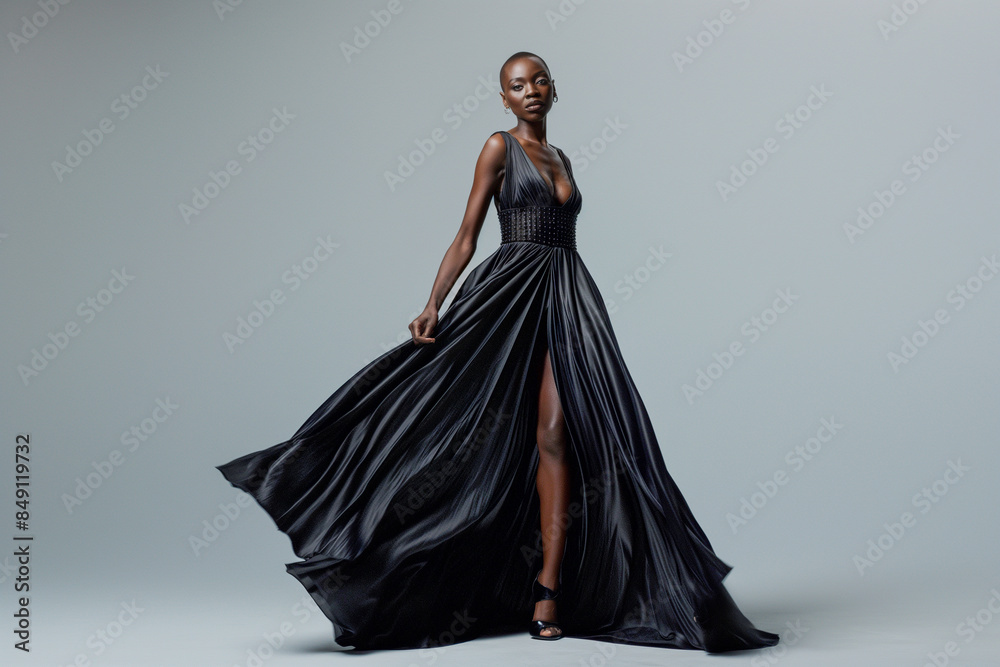 A woman in a long black dress is standing in front of a white background A woman in a long black dress is standing in front of a white background