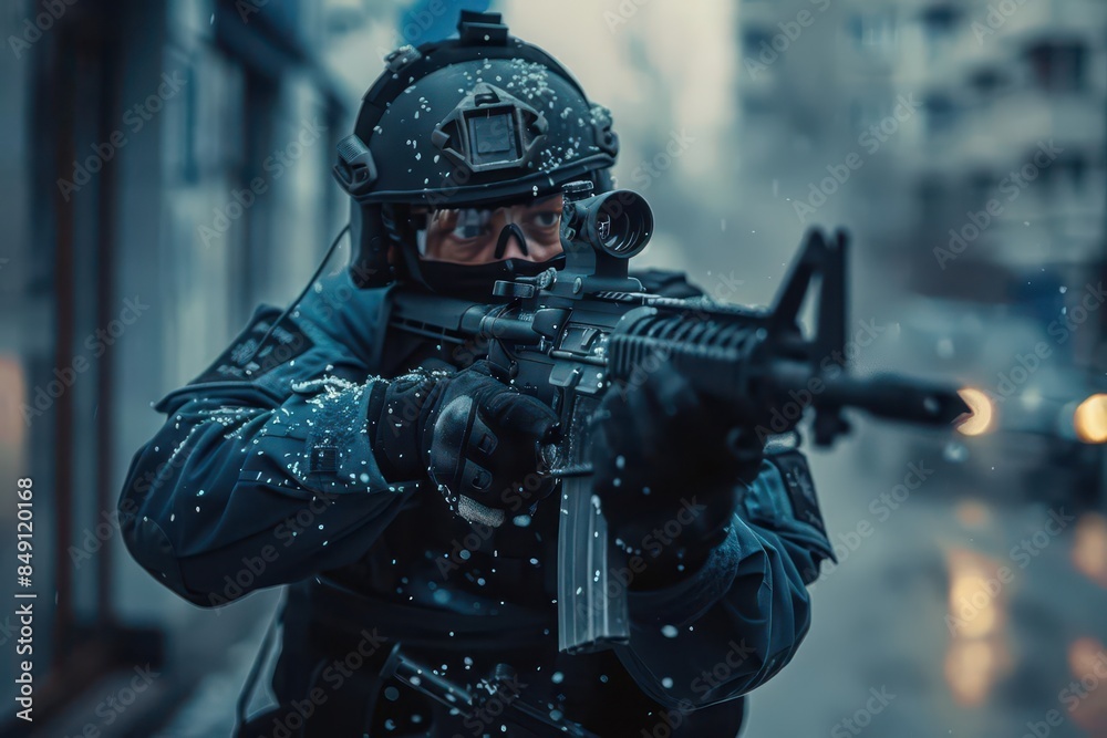 special forces in action police officer with assault rifle on urban street dramatic photography special forces in action police officer with assault rifle on urban street dramatic photography