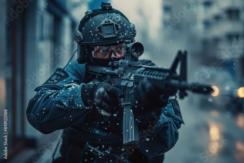 special forces in action police officer with assault rifle on urban street dramatic photography