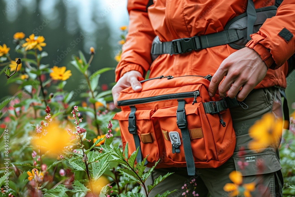 Male Hand Retrieving First Aid Kit from Backpack Pocket with Camping Gear, Compact Mini Kit Male Hand Retrieving First Aid Kit from Backpack Pocket with Camping Gear, Compact Mini Kit
