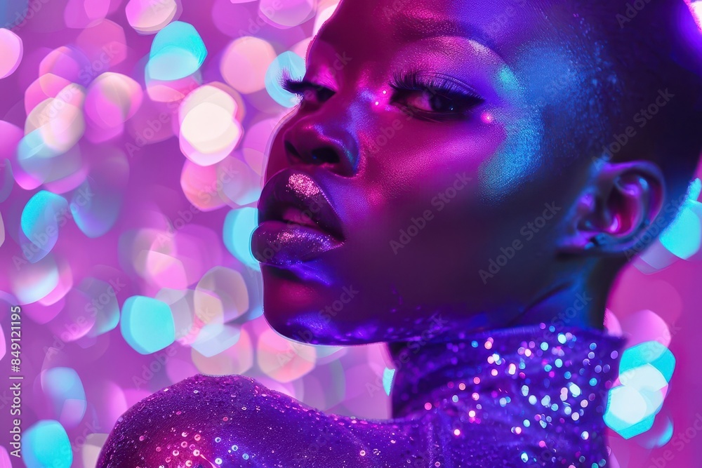 stunning black woman in high fashion violet glitter outfit striking makeup and background fashion editorial concept stunning black woman in high fashion violet glitter outfit striking makeup and background fashion editorial concept