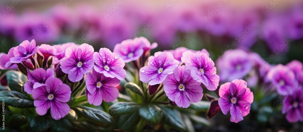 Bunch of blooming purple primrose close up or primula flowers in a garden Spring flowers Copy space blurred background horizontal orientation Selective focus Bunch of blooming purple primrose close up or primula flowers in a garden Spring flowers Copy space blurred background horizontal orientation Selective focus