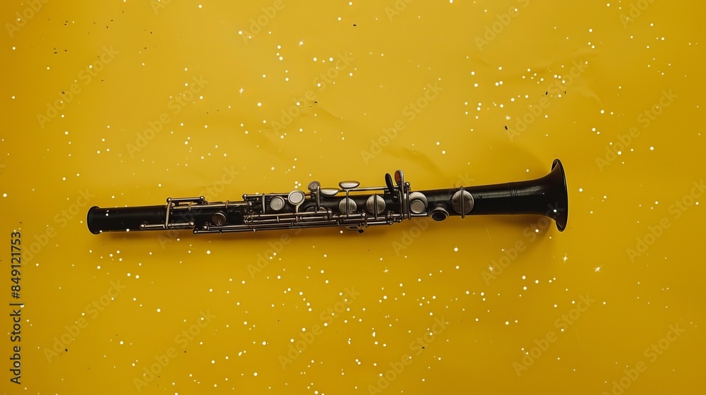 Clarinet: A sleek black clarinet set against a yellow background, with tiny white stars twinkling around it Clarinet: A sleek black clarinet set against a yellow background, with tiny white stars twinkling around it