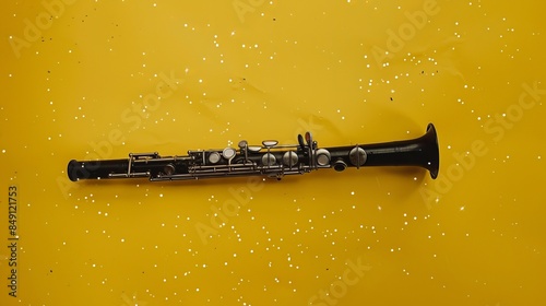 Clarinet: A sleek black clarinet set against a yellow background, with tiny white stars twinkling around it