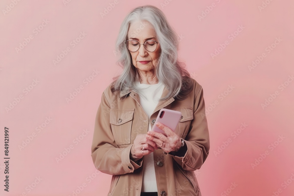 stylish senior woman with grey hair using smartphone modern lifestyle pastel background lifestyle photo stylish senior woman with grey hair using smartphone modern lifestyle pastel background lifestyle photo