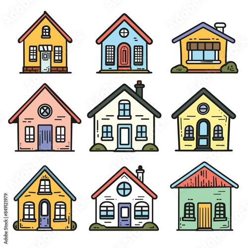 Nine colorful cartoon houses, unique design, vibrant, residential, home, building. Different styles cartoon homes windows, doors, chimneys against white background. Colorful facade illustrations © Vectorvstocker
