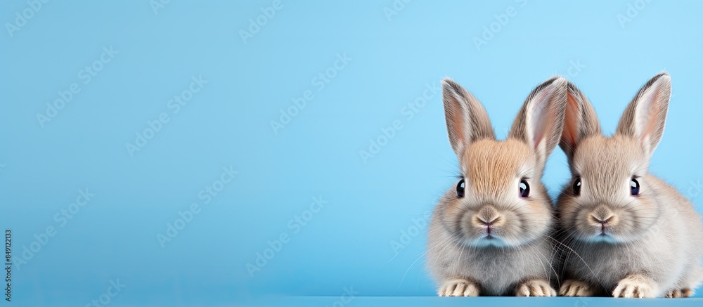 Obraz premium Front view of brown cute baby rabbits on blue background Little cute rabbits sitting with Lovely action on blue. Creative banner. Copyspace image