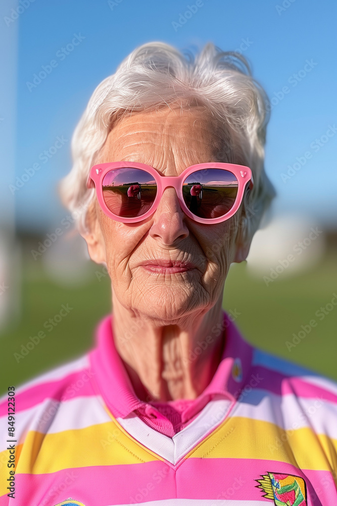A close-up portrait of an elderly woman wearing pink sunglasses under a clear sky. Bold and confident senior fashion concept. A close-up portrait of an elderly woman wearing pink sunglasses under a clear sky. Bold and confident senior fashion concept.