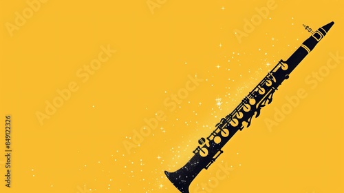 Clarinet: A sleek black clarinet set against a yellow background, with tiny white stars twinkling around it