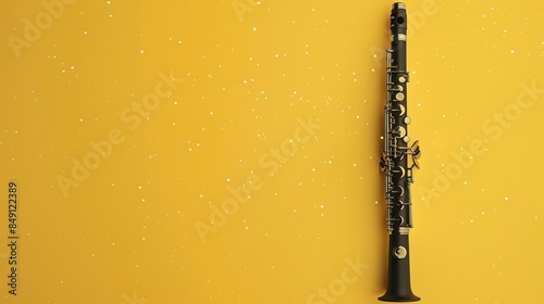 Clarinet: A sleek black clarinet set against a yellow background, with tiny white stars twinkling around it