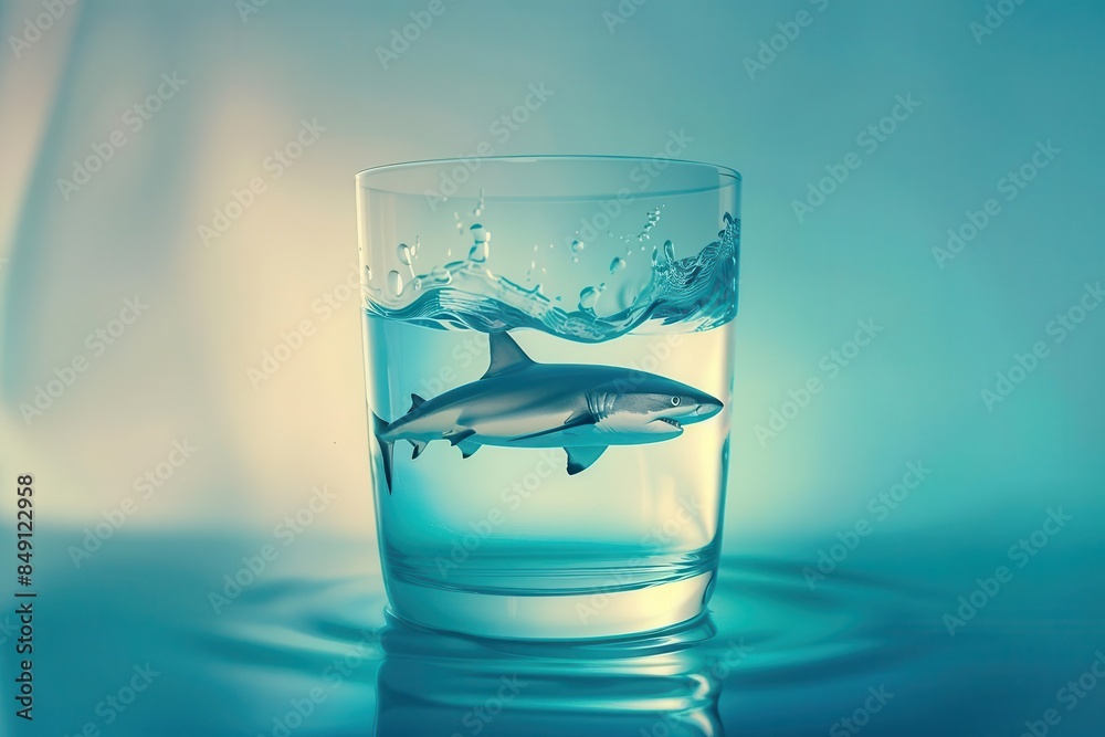 surreal image of a shark swimming in a glass of water creative concept illustration surreal image of a shark swimming in a glass of water creative concept illustration