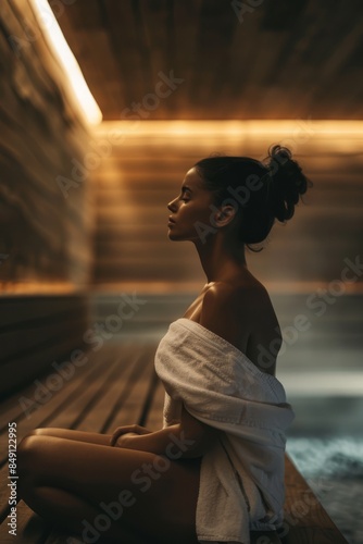 Relaxation in the spa: a woman on a slightly blurred background of a steam bath