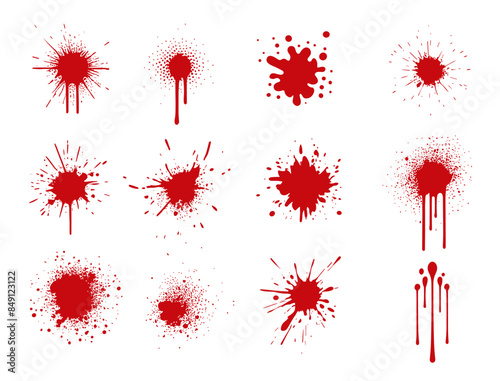Blood red splash design stain. Bloodstain drop red splatter paint vector blob icon.