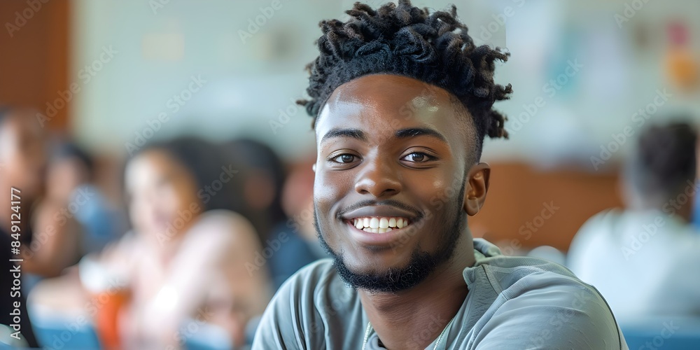 Smiling black college student in classroom making eye contact with camera. Concept Portrait Photography, College Students, Classroom Setting, Eye Contact, Smiling Expression Smiling black college student in classroom making eye contact with camera. Concept Portrait Photography, College Students, Classroom Setting, Eye Contact, Smiling Expression