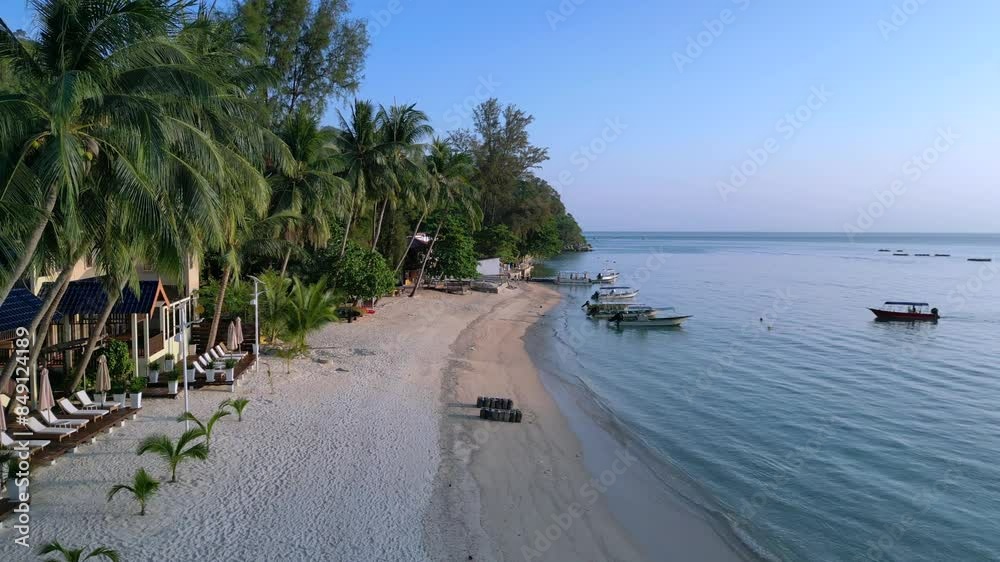 Wake up to gentle waves, golden light, and palm trees swaying on a tropical beach. serene paradise with boats on turquoise water and a luxurious resort. Fantastic aerial view flight flyover drone Wake up to gentle waves, golden light, and palm trees swaying on a tropical beach. serene paradise with boats on turquoise water and a luxurious resort. Fantastic aerial view flight flyover drone