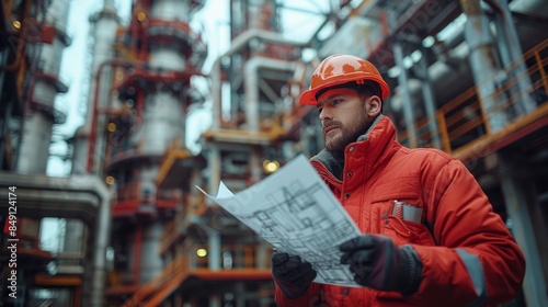 Engineer reviewing blueprints on a construction site, surrounded by scaffolding and machinery.