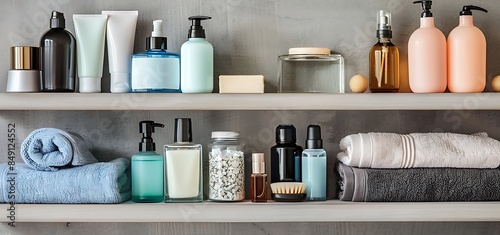 A well-organized shelf showcases the elegance of a variety of cosmetic and hygiene products, including neatly arranged bottles, folded towels and soaps, perfectly aligned to create a scene. © Home Interior