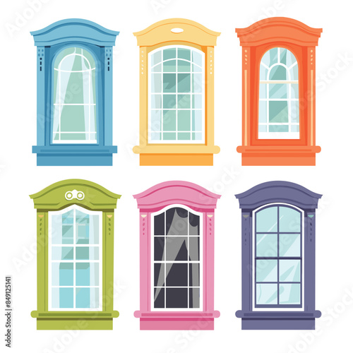 Set various colorful cartoon style windows, architecture design elements. Vintage modern windows, isolated white background, facade detailing. Brightly colored house exterior decoration