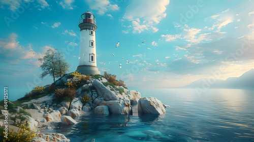 A light house sitting on top of a cliff next to a body of water  photo