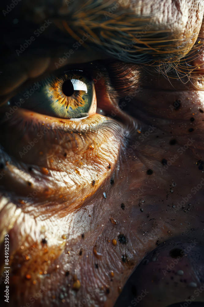Detailed close up of a human eye with weathered, aged skin featuring freckles, wrinkles, and a vibrant eye color Detailed close up of a human eye with weathered, aged skin featuring freckles, wrinkles, and a vibrant eye color