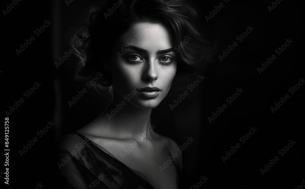 a woman in black and white with short wavy hair and bare shoulders. Studio photography with dramatic lighting. Fine art and beauty concept for design and print. Headshot a woman in black and white with short wavy hair and bare shoulders. Studio photography with dramatic lighting. Fine art and beauty concept for design and print. Headshot