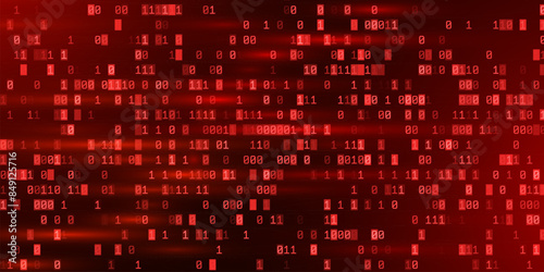 Abstract Red Binary Software Programming Code Background. Malicious Hack Malware Ransomware Concept. Data Leak Breach. Random Binary Data Matrix Wide Vector Illustration.