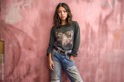 woman with wavy hair wearing graphic sweatshirt and ripped jeans posing against pink textured wall. Urban fashion photography. Casual street style and youth culture concept photo