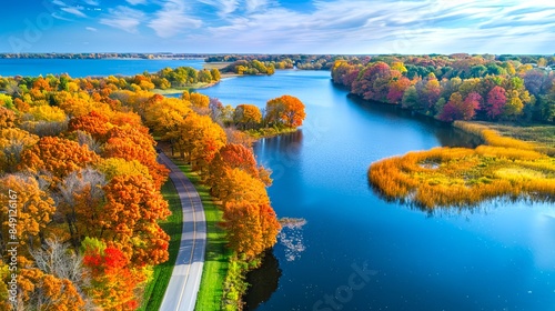 Stunning Aerial View of Autumnal Lakeside Road. The vibrant fall foliage and winding road leading to the serene lake create a picturesque landscape. Perfect