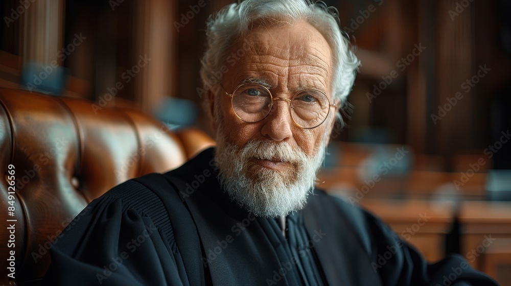 An intense senior male judge poses in his robes, his seasoned eyes reflecting years of legal service An intense senior male judge poses in his robes, his seasoned eyes reflecting years of legal service