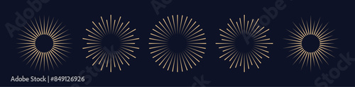 Gold sunburst collection isolated on dark blue background. Sun light rays in line art style. Bursting golden sun rays for logo, emblem, boho, tattoo and banners. Vector illustration