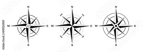 Navigational compass with directions of North, South, East, West. Latitude and longitude navigation measurement equipment. Vector illustration