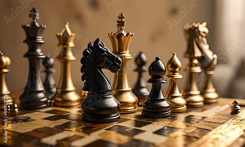 wallpaper representing a chess game with black and gold pawns, in 3D.