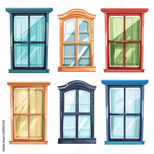 Five colorful vintage windows cartoon style isolated white background. Set diverse classic architectural design elements vibrant hues. Retro house windows collection blue, red, orange, yellow frames