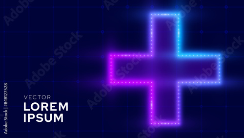 Blue Purple Neon Plus Sign Background. Led Lights Aid and Health Care for Hospital Emergency Banner. Medical Symbol of Emergency Help. Math Plus Vector Illustration.