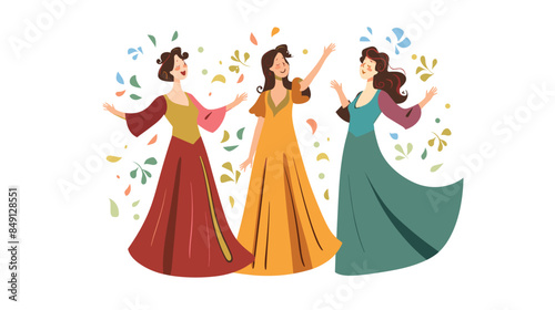 Three women celebrate joyfully, dancing, leaves swirling around them. Women historical dresses having fun, playful mood, festive atmosphere. Dancers traditional gowns express happiness, graceful