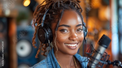 Young African American woman with dreadlocks and headphones smiles in recording studio environment © svastix