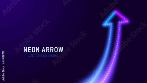 3D Neon Lights Arrow. Abstract Minimalist Business Start Up Growth Concept Background. Colorful Neon Lights In a Shape of Ascending Arrow. Profit and Investment Vector Illustration.