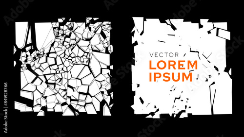 Broken Glass Squares with Cracks. Abstract Comic Book Flash Explosion Blast Radial Lines. Shattered, Fractured and Broken Texture. Bullet Shot Effect VFX. Vector Illustration.