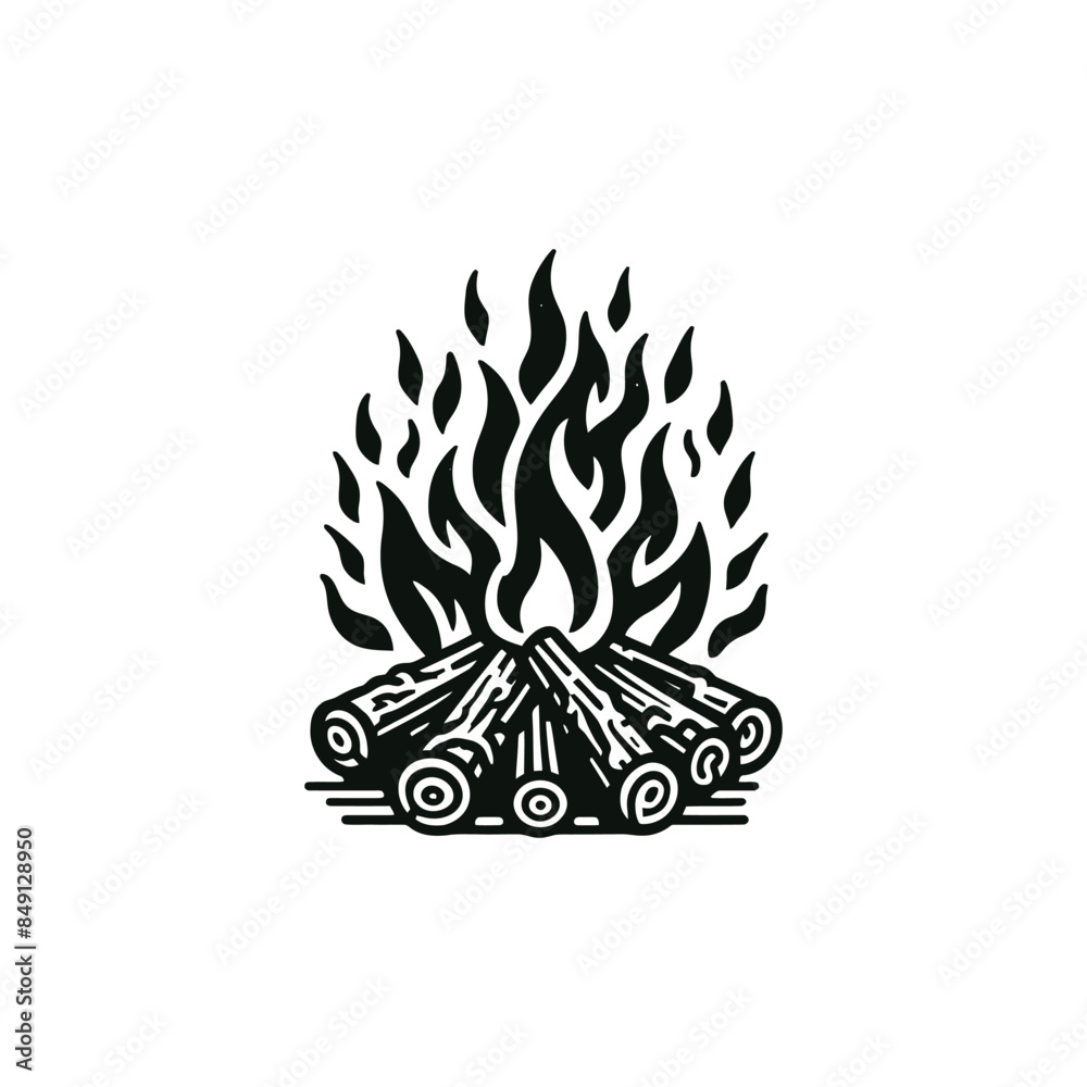 Black and white fireplace silhouette icons | Retro silhouette of a bonfire.