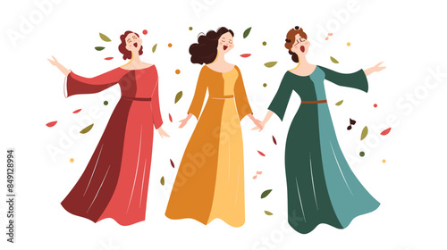 Three women singing together wearing elegant long dresses, performing, autumn leaves musical notes joyfully floating around. Female trio harmony, performance art, festive mood, colorful