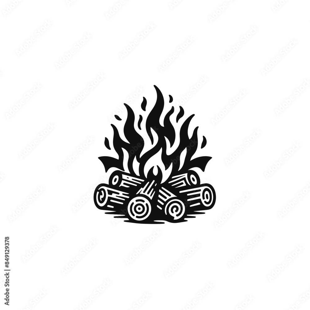 Black and white fireplace silhouette icons | Retro silhouette of a bonfire.
