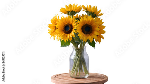 The beautiful sunflower in the glass bottle isolated on transparent background
