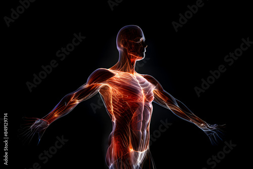 Virtual human body image simulated by digital technology with dynamic dimensions, graphic design. ai generated.
