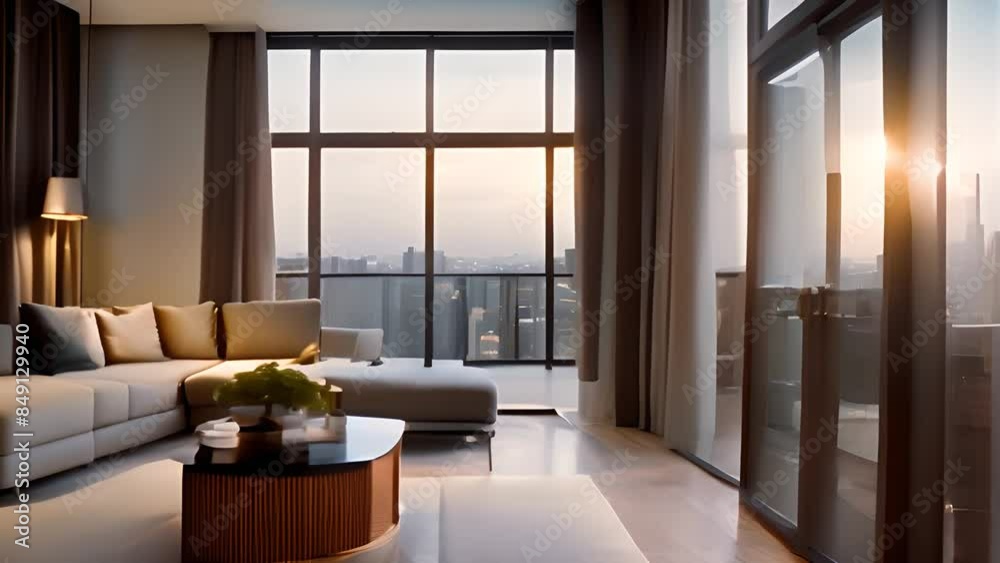 Modern Living Room With City View at Sunset Generative AI Modern Living Room With City View at Sunset Generative AI