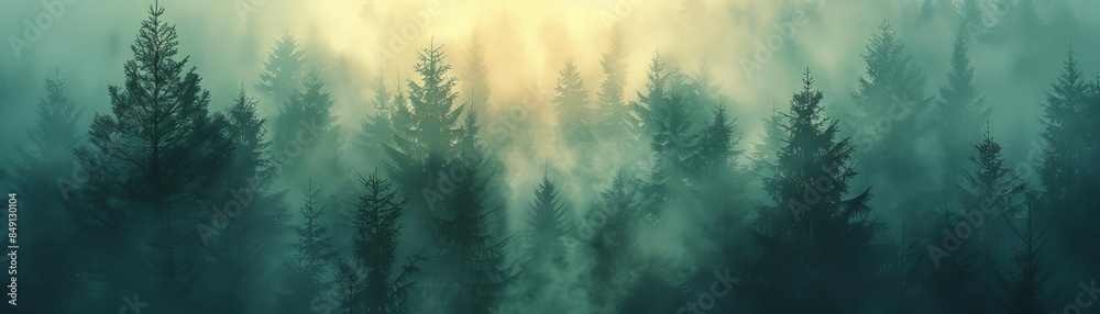 Mystical fog over a forest, dreamlike atmosphere, soft tones, fantasy illustration